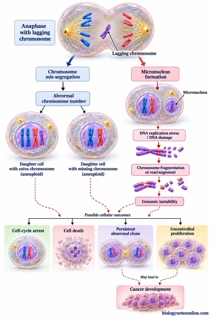 Pathway showing how chromosome mis-segregation can produce aneuploid cells or micronuclei and contribute to DNA damage and genomic instability.