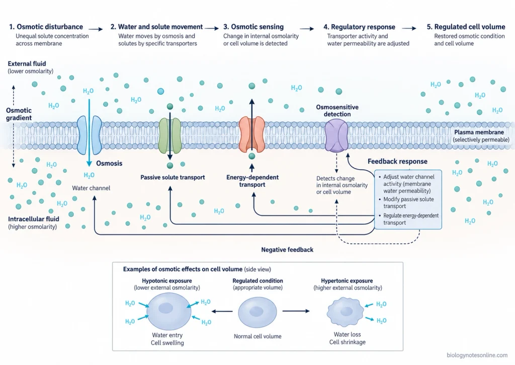 Cell-membrane schematic showing osmotic water movement, regulated solute transport, osmotic sensing, and feedback control of cell volume.