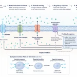 Cell-membrane schematic showing osmotic water movement, regulated solute transport, osmotic sensing, and feedback control of cell volume.