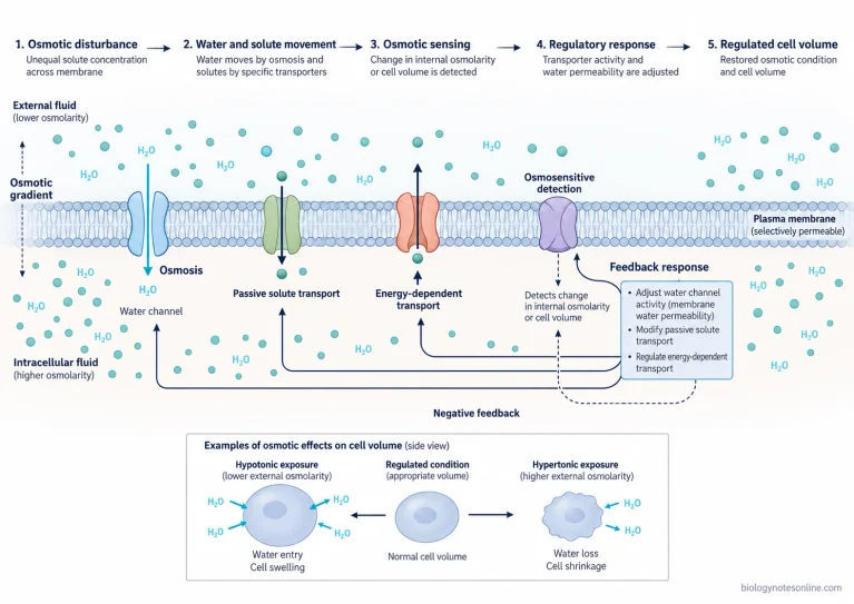 Cell-membrane schematic showing osmotic water movement, regulated solute transport, osmotic sensing, and feedback control of cell volume.
