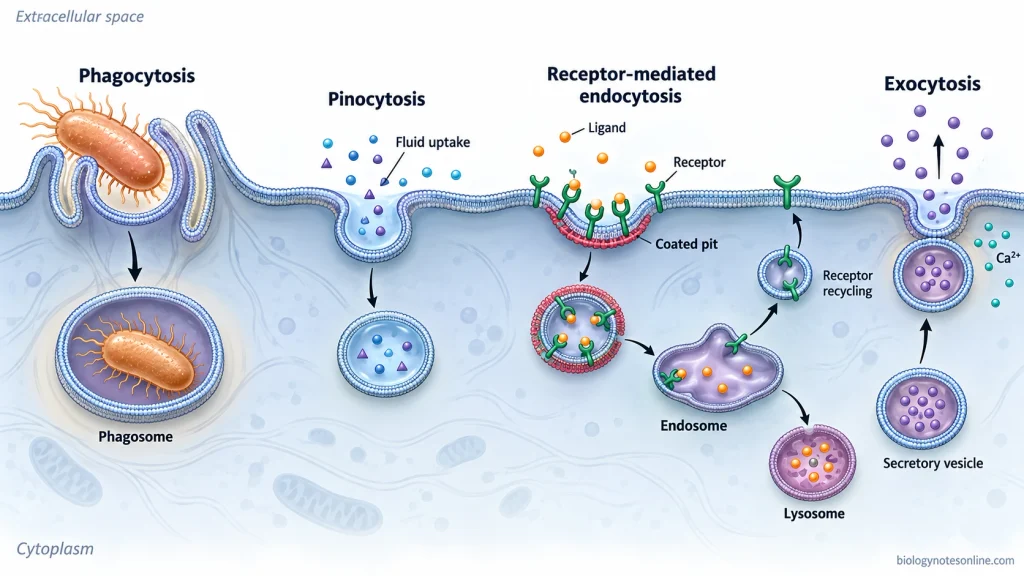 Plasma membrane diagram showing phagocytosis, pinocytosis, receptor-mediated endocytosis with receptor recycling, and exocytosis by vesicle fusion.
