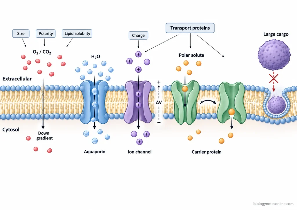 Plasma membrane schematic showing how molecular size, polarity, charge, gradients, aquaporins, ion channels, and carrier proteins affect membrane transport.