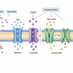 Plasma membrane schematic showing how molecular size, polarity, charge, gradients, aquaporins, ion channels, and carrier proteins affect membrane transport.