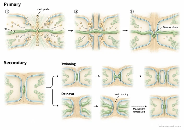 Comparison of primary plasmodesmata formation during cytokinesis with twinning and proposed de novo formation of secondary plasmodesmata in an existing cell wall.