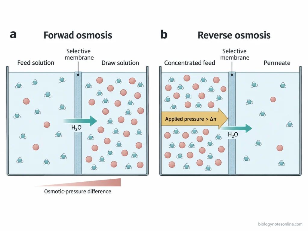 Side-by-side comparison showing forward osmosis driven by an osmotic-pressure difference and reverse osmosis driven by applied pressure opposite the natural osmotic direction.