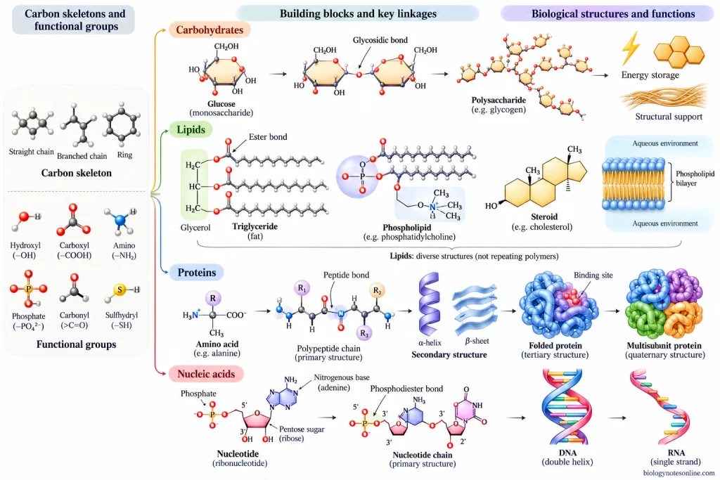 The four major biomolecule classes differ in chemical organization: carbohydrates contain sugar units, proteins are amino-acid polymers, nucleic acids are nucleotide polymers, and lipids comprise structurally diverse hydrophobic or amphipathic molecules.