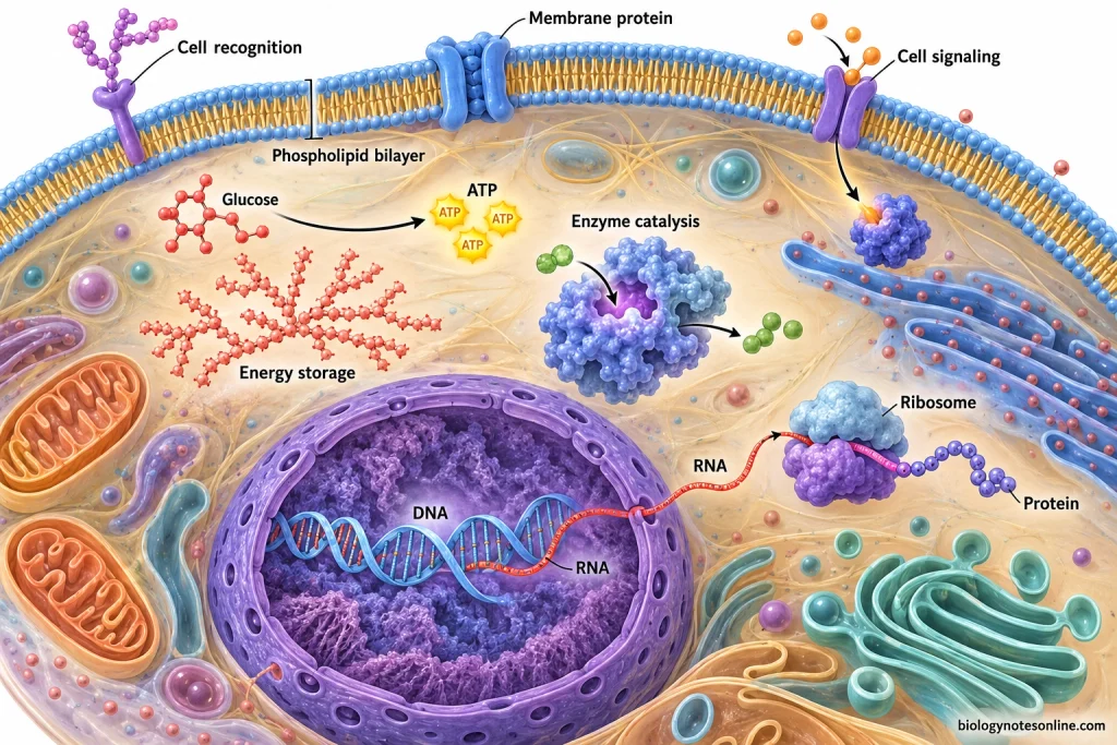Cell overview showing biomolecules in membrane structure, energy metabolism, enzyme catalysis, signaling, genetic information, and protein synthesis.
