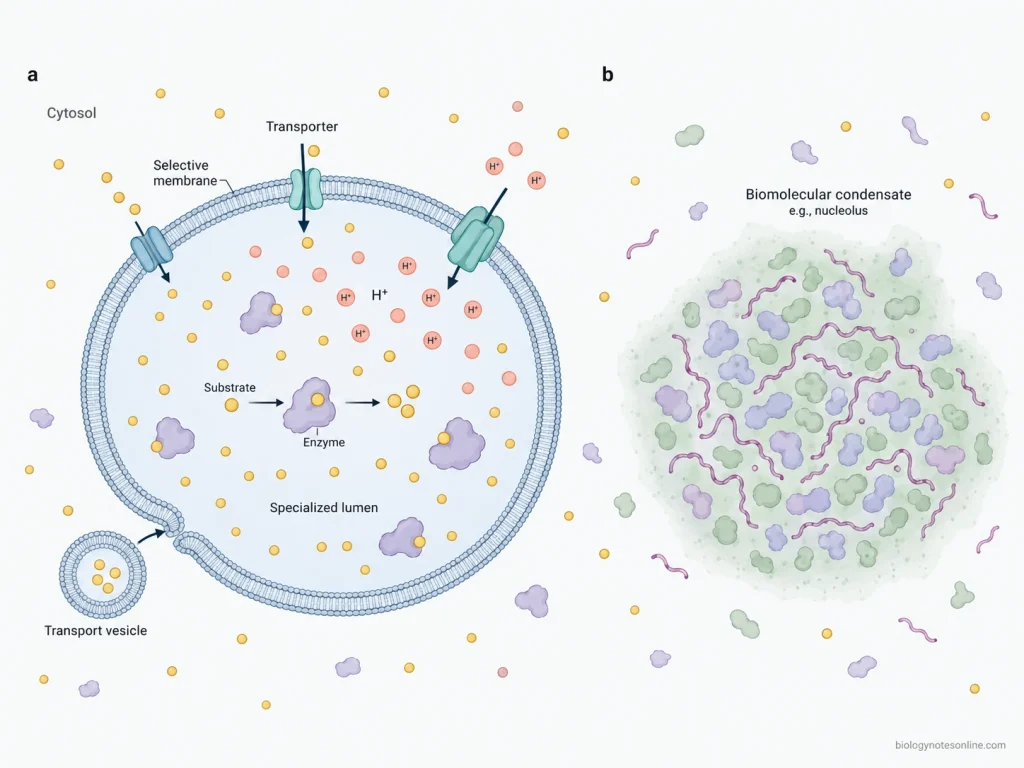 Membrane-bound cellular compartment showing selective transport, ion gradients and localized enzymes beside a membraneless biomolecular condensate.