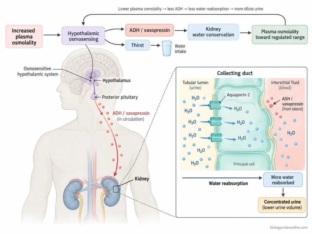 Feedback pathway showing hypothalamic osmotic sensing, ADH release, thirst, kidney collecting-duct water reabsorption, and restoration of plasma osmolality.