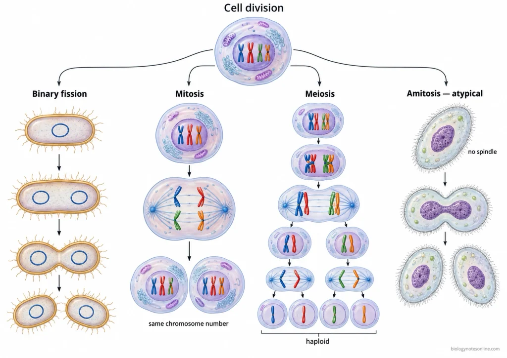 Comparison of binary fission, mitosis, meiosis, and atypical amitosis showing their different chromosome and daughter-cell outcomes.