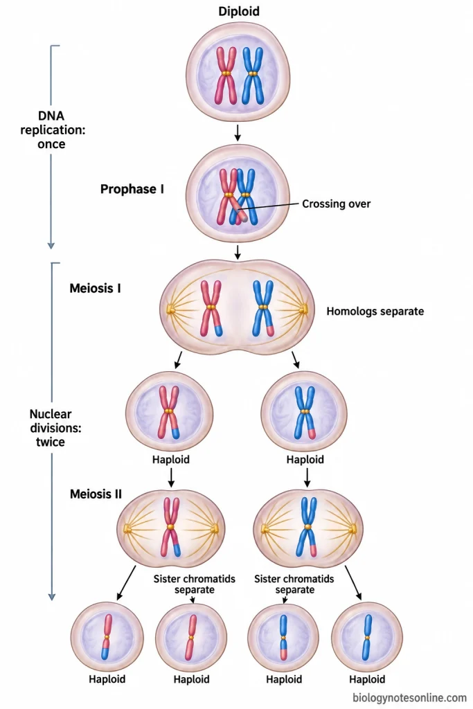 Meiosis sequence showing homolog pairing and crossing over, homolog separation in meiosis I, sister-chromatid separation in meiosis II, and four haploid cells.