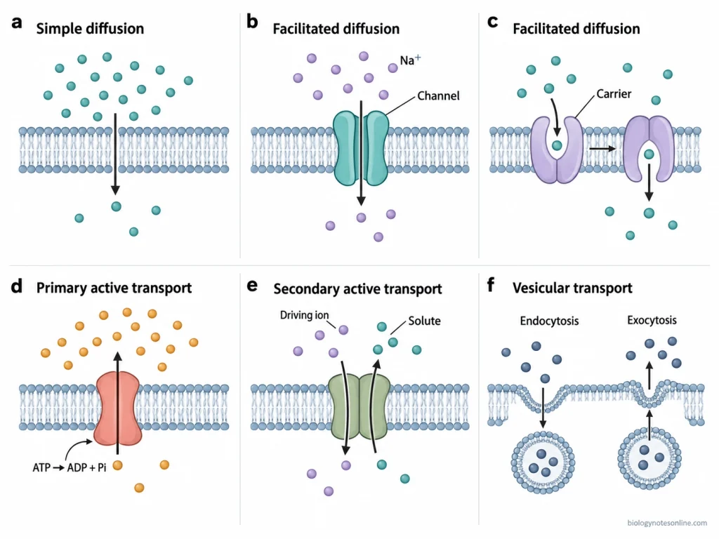 Comparison of simple diffusion, facilitated diffusion, primary and secondary active transport, endocytosis, and exocytosis across a plasma membrane.