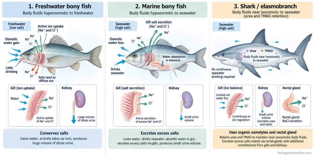 Three-column comparison of water and salt regulation in freshwater bony fish, marine bony fish, and sharks.