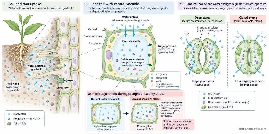 Multi-scale plant diagram showing root water uptake, vacuolar solute regulation, turgor, osmotic adjustment, and guard-cell control of stomata.