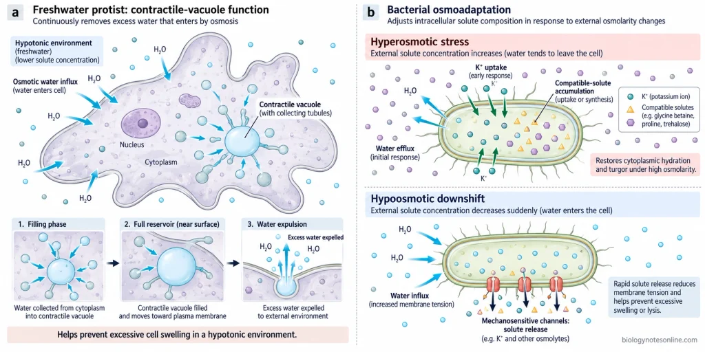 Two-panel diagram showing contractile-vacuole water removal in a freshwater protist and compatible-solute plus mechanosensitive-channel responses in bacteria.