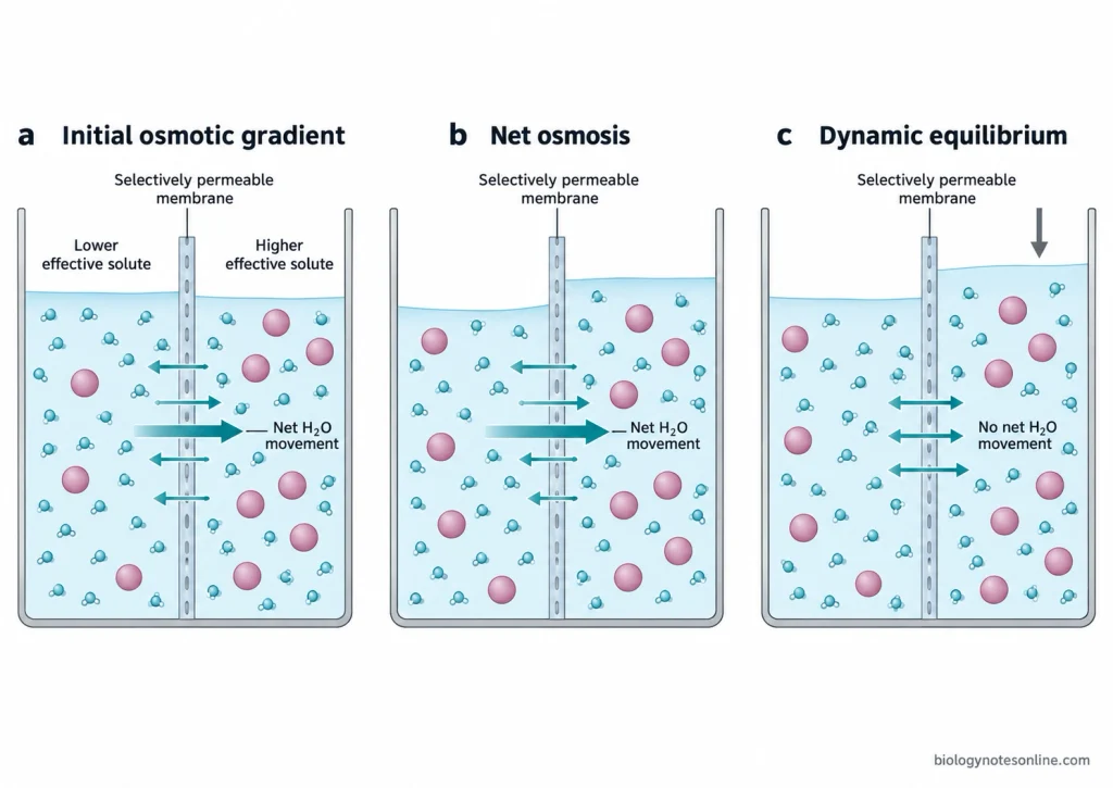 Three-stage osmosis diagram showing water crossing a selectively permeable membrane toward higher effective solute concentration and reaching dynamic equilibrium.