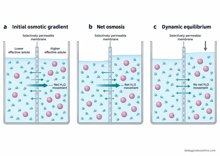 Three-stage osmosis diagram showing water crossing a selectively permeable membrane toward higher effective solute concentration and reaching dynamic equilibrium.