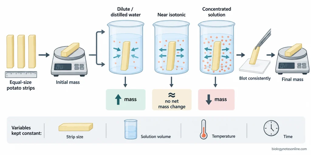 Potato-strip osmosis experiment showing initial weighing, exposure to dilute, near-isotonic, and concentrated solutions, and qualitative mass gain or loss.