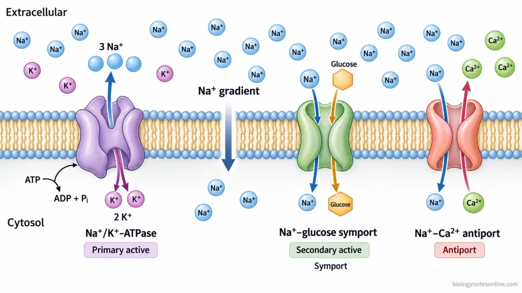 Na⁺/K⁺-ATPase uses ATP to create a sodium gradient that drives sodium-glucose symport and sodium-calcium antiport across the plasma membrane.