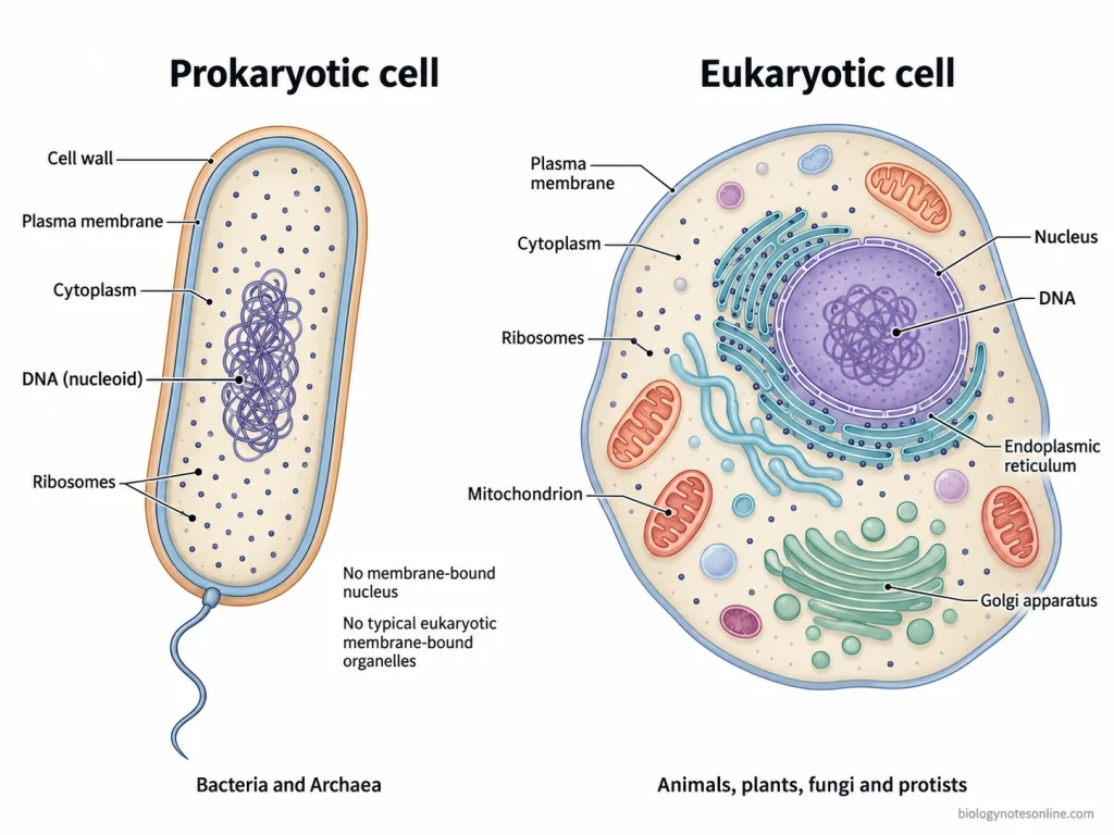 Side-by-side comparison of prokaryotic and eukaryotic cells showing shared membrane, cytoplasm, DNA and ribosomes, with a nucleus and membrane-bound organelles only in the eukaryotic cell.