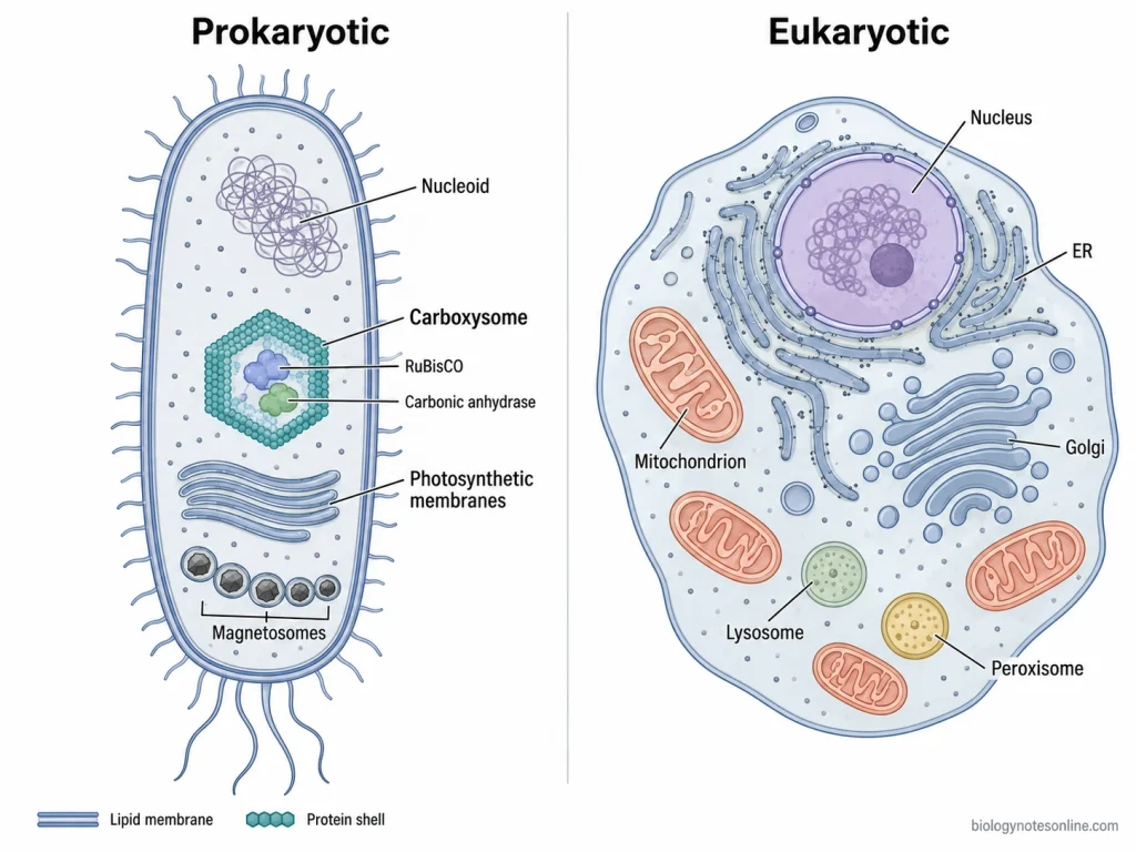 Side-by-side comparison of prokaryotic spatial organization and the extensive membrane-bound organelles of a eukaryotic cell.