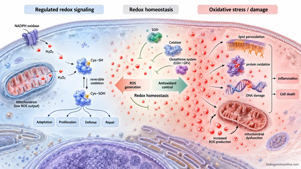 Cellular schematic contrasting localized ROS redox signaling with excessive ROS causing lipid, protein, DNA, and mitochondrial damage.