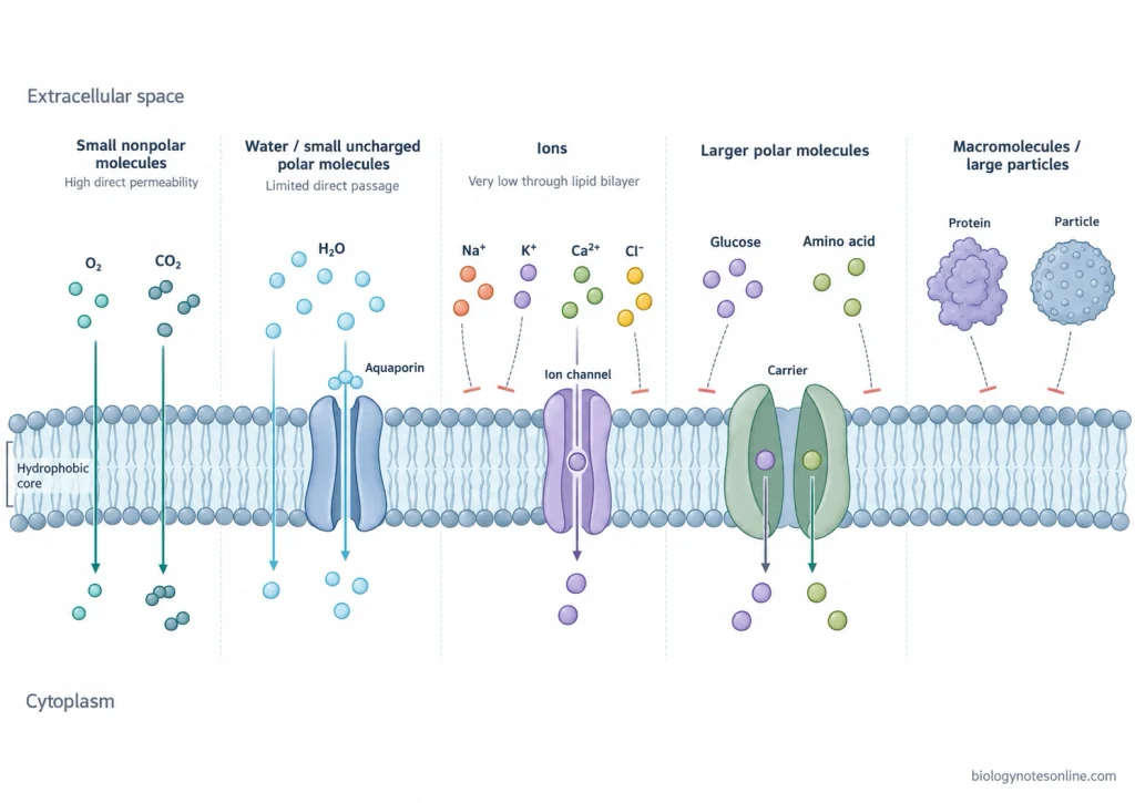 Phospholipid bilayer showing direct passage of small nonpolar molecules and protein-mediated transport of water, ions, and larger polar solutes.