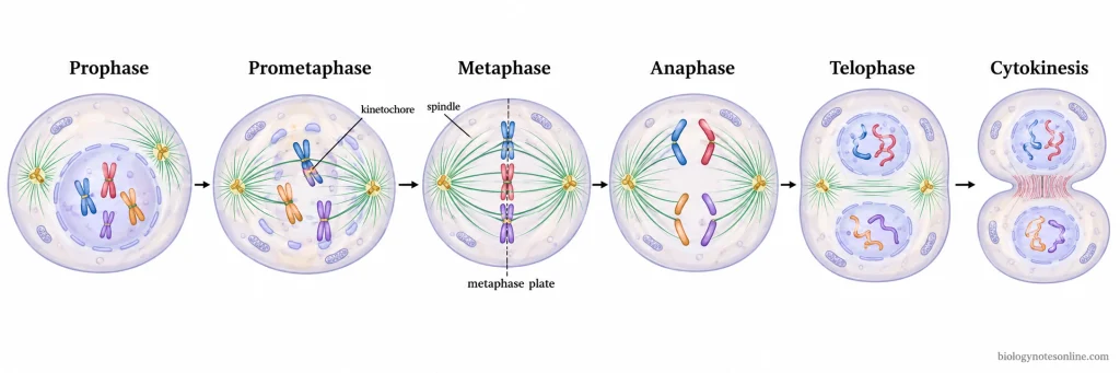 Sequential stages of mitosis showing chromosome condensation, spindle attachment, metaphase alignment, chromatid separation, nuclear reformation, and cytokinesis.