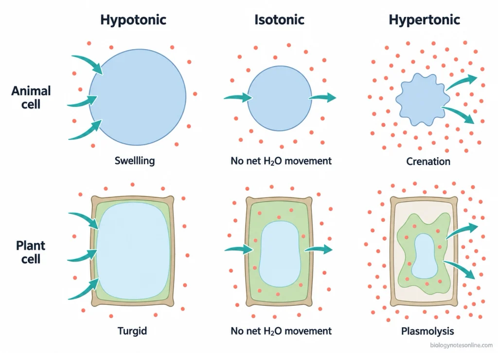 Comparison of animal and plant cells in hypotonic, isotonic, and hypertonic solutions showing water movement, swelling, crenation, turgidity, and plasmolysis.