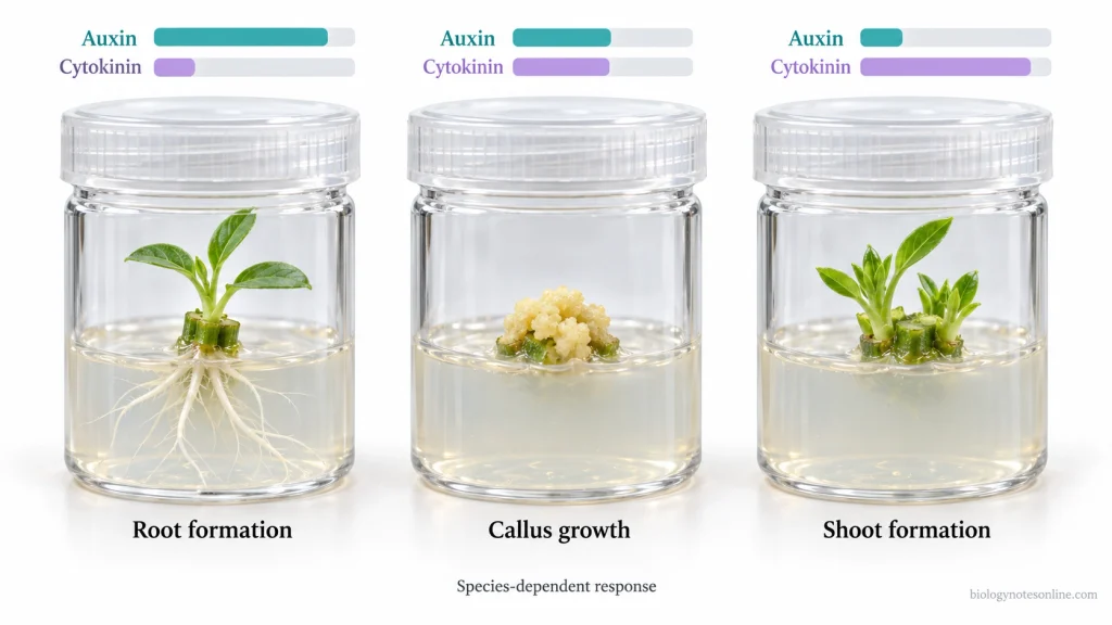 Three plant tissue cultures showing root development, callus growth, and shoot formation under different relative auxin and cytokinin conditions.
