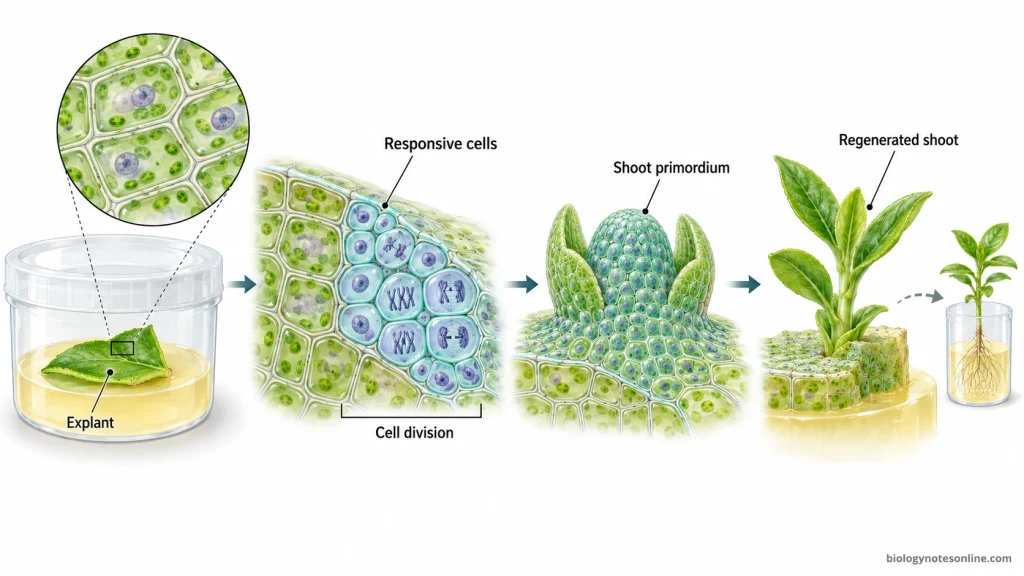 Leaf explant showing localized plant cell division, meristem formation, and development of a new shoot under culture conditions.