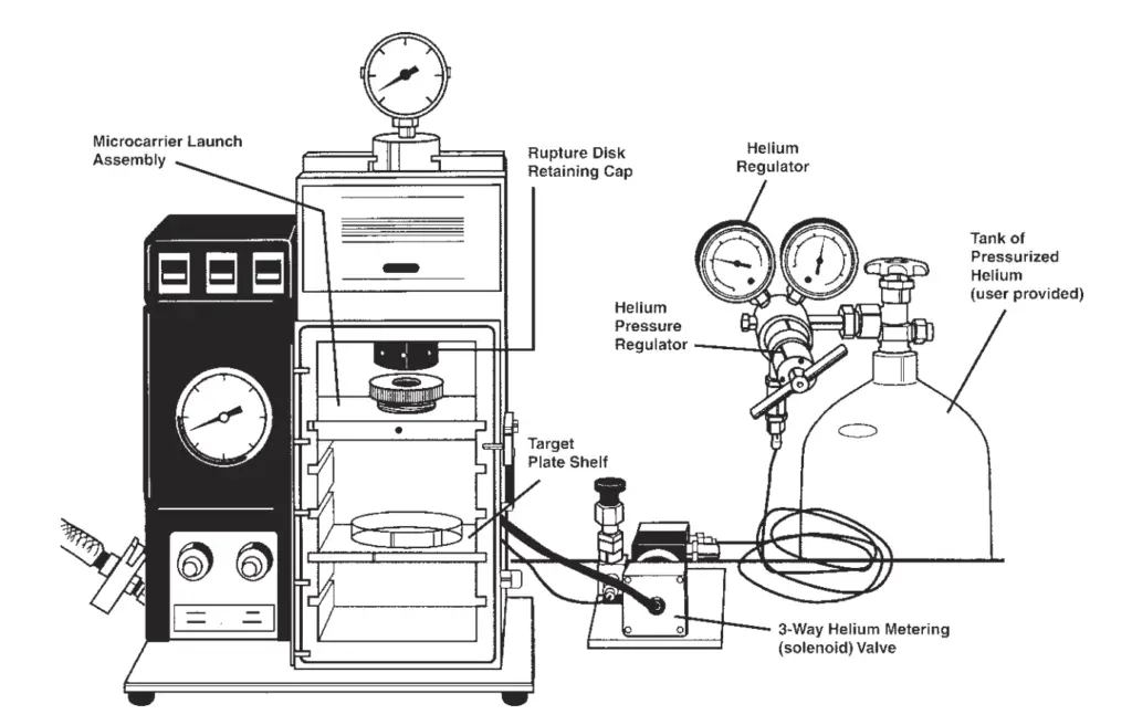 Components of the Biolistic® PDS-1000/He particle delivery system. (Drawing courtesy of Bio-Rad Laboratories, Hercules, CA.)