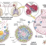 Overview of Mtb infection. Mtb enters the human body through the airway where it engages the innate immune system within the alveolar space. Macrophages and dendritic cells ingest the bacteria, recruiting new cells and activating adaptive immunity. Together, the innate and adaptive immune systems collaborate to eradicate the bacteria or restrict its active replication within a granuloma. Active tuberculosis occurs either after primary infection or after reactivation due to immunodeficiency, leading to symptomatic disease and transmission to a new host to start a new infection cycle.