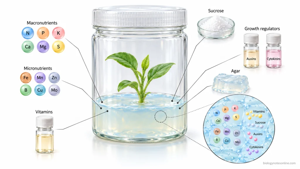 Transparent culture vessel containing a plant explant on nutrient gel, with labeled macronutrients, micronutrients, vitamins, sucrose, growth regulators, and agar.