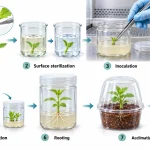 Sequential workflow showing plant explant selection, surface sterilization, aseptic inoculation, culture establishment, shoot multiplication, rooting, and acclimatization.