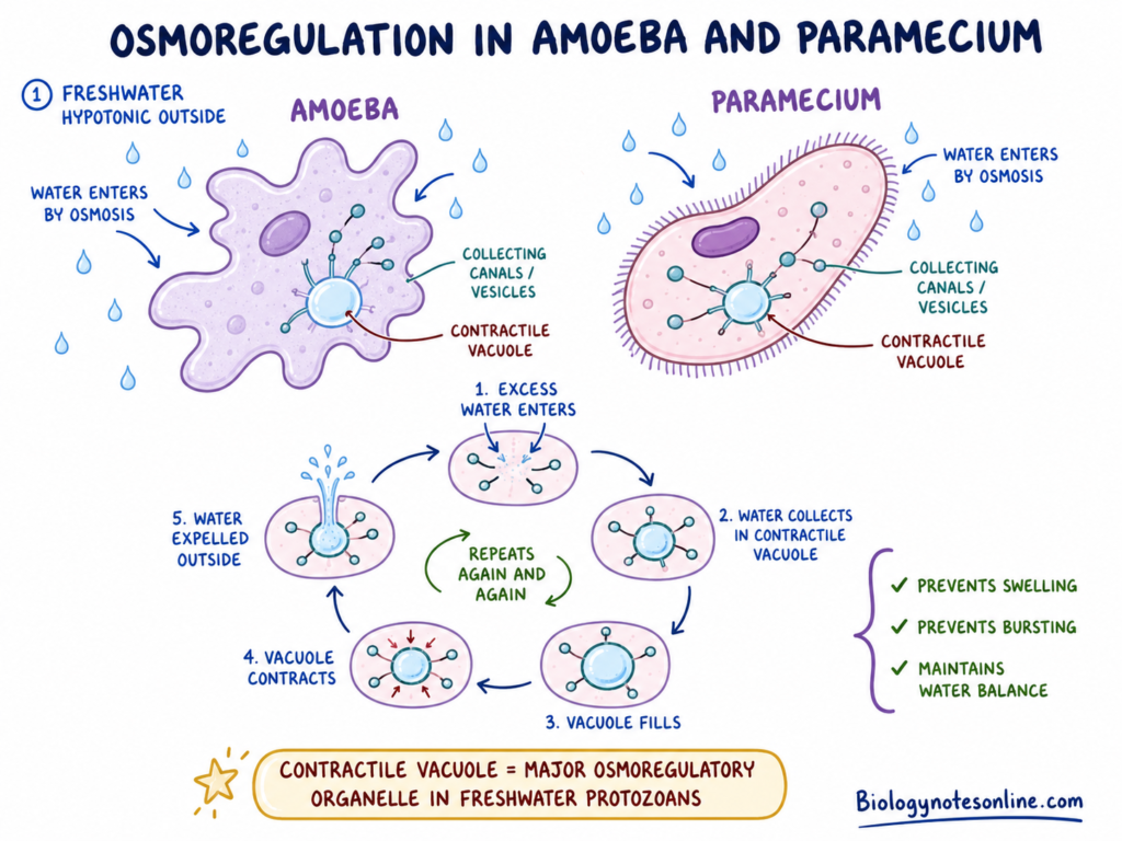 schematic diagram of Osmoregulation in Amoeba and Paramecium