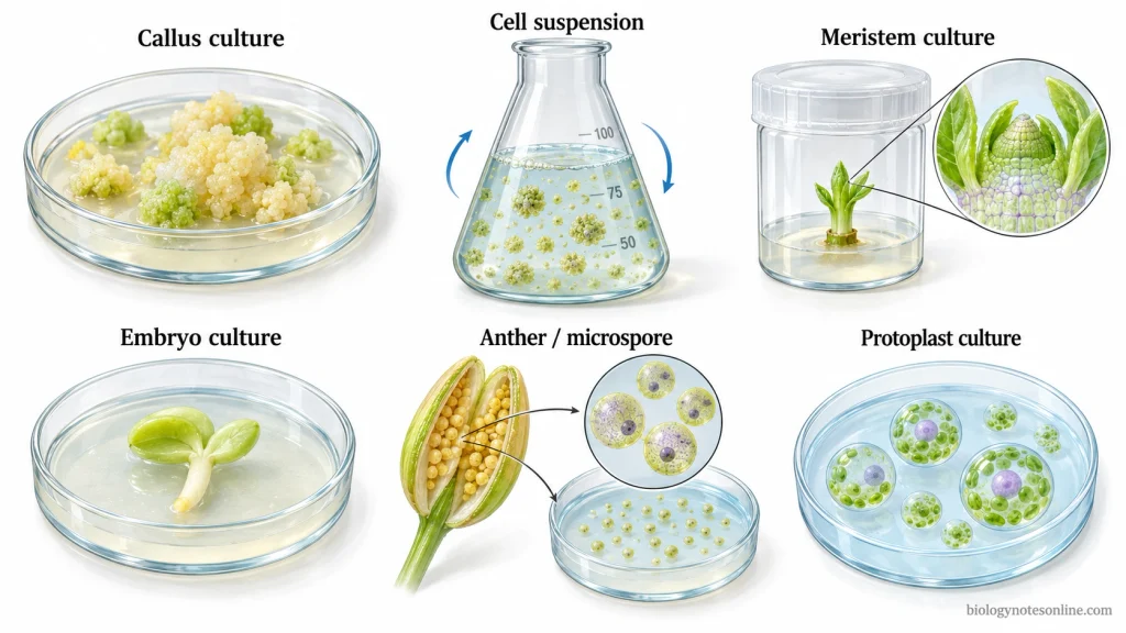 Six types of plant tissue culture showing callus masses, suspended cells, shoot meristems, isolated embryos, anthers and microspores, and spherical protoplasts.