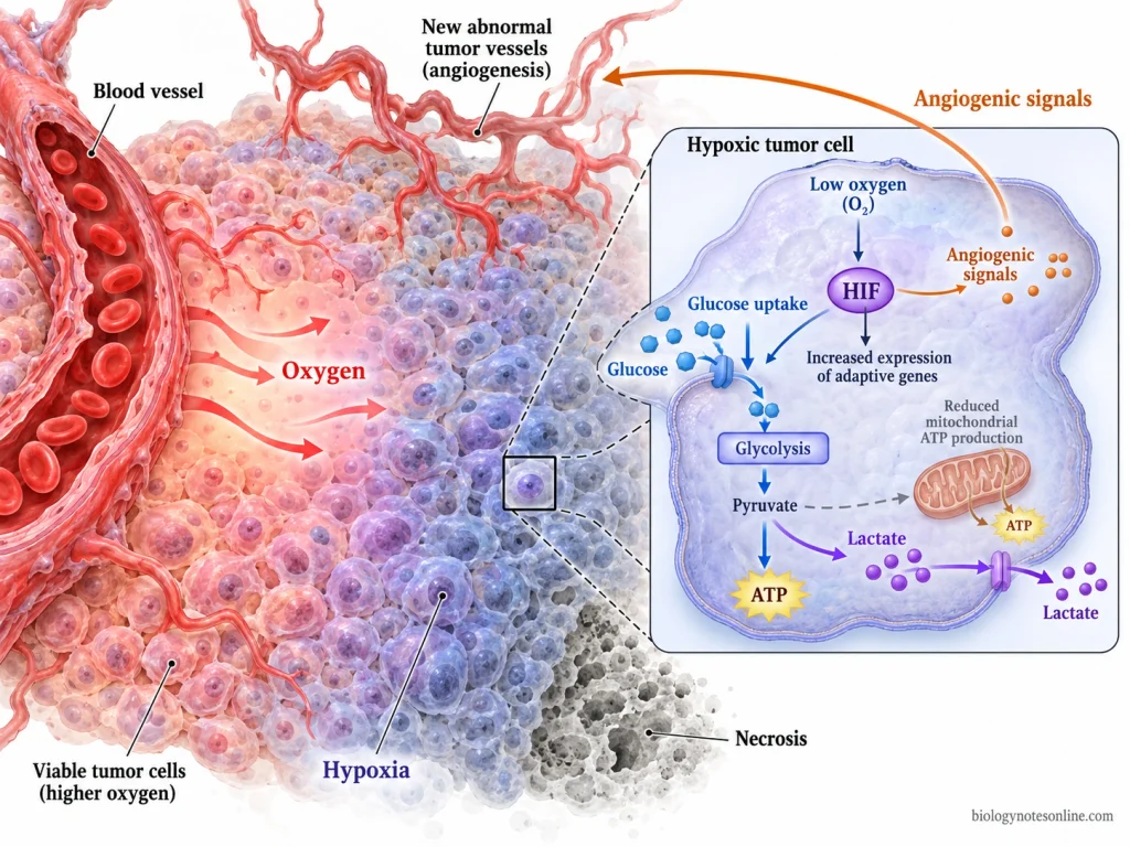 Tumor oxygen gradient showing viable hypoxic cancer cells, HIF activation, increased glycolysis and lactate production, angiogenic signaling, and a necrotic region distant from blood vessels.