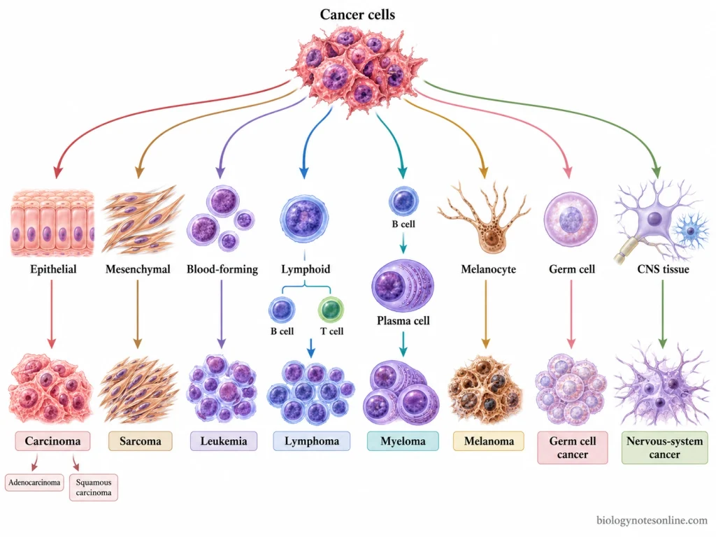 Classification schematic linking epithelial, mesenchymal, blood-forming, lymphoid, plasma, melanocyte, germ-cell, and nervous-system origins with major cancer categories.