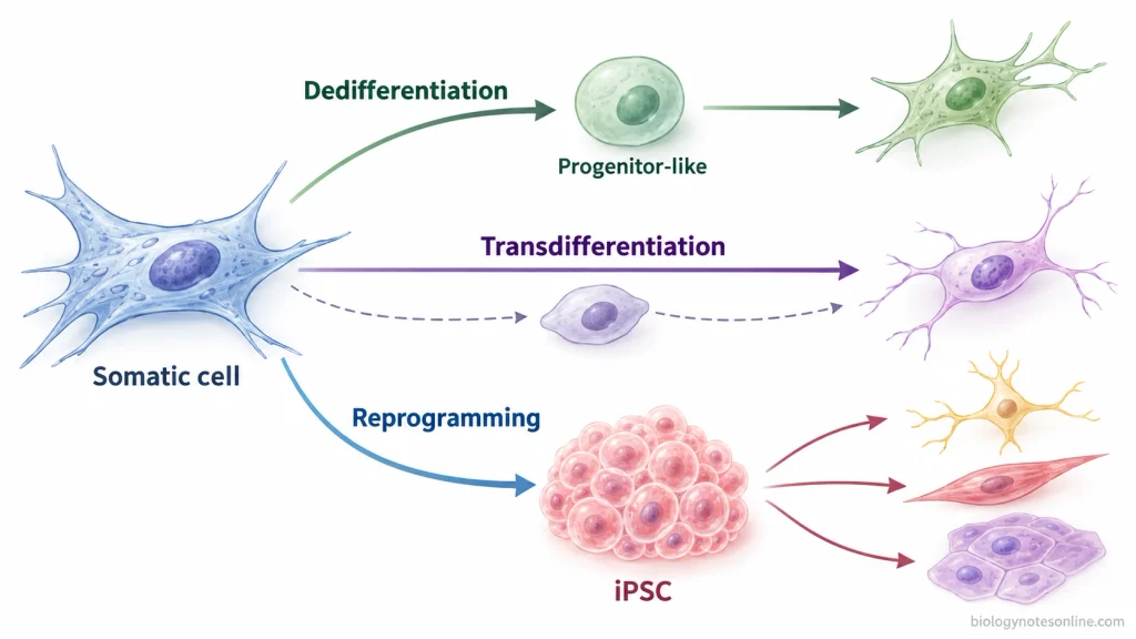 Branching diagram comparing dedifferentiation to a progenitor-like state, transdifferentiation between differentiated cell types, and reprogramming to iPSCs.
