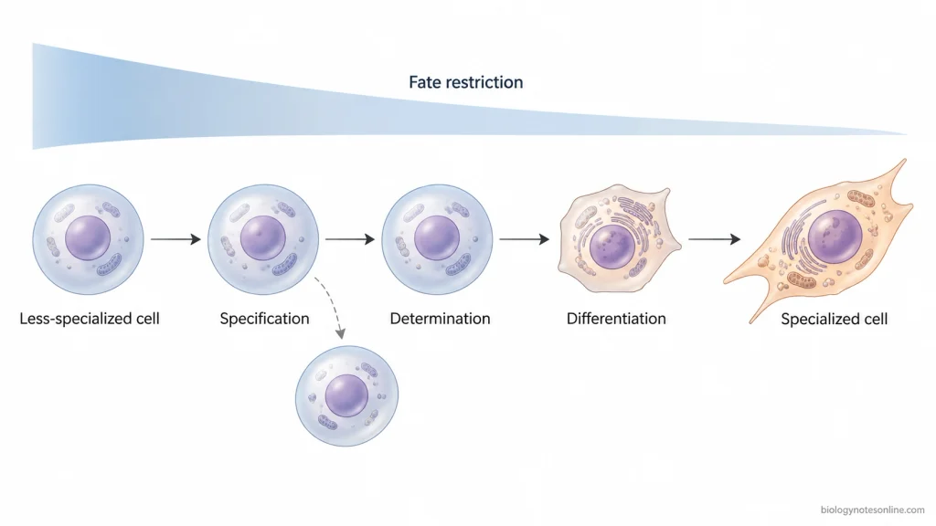 Progression from a less-specialized cell through specification, determination, and differentiation as developmental potential becomes increasingly restricted.
