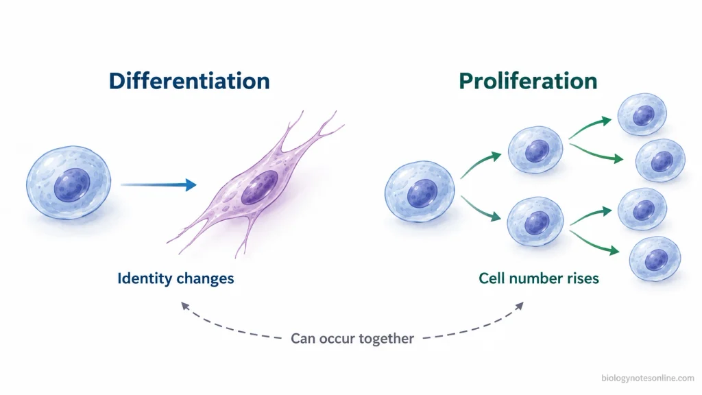 Comparison showing differentiation changing one cell's identity and proliferation increasing the number of similar cells.