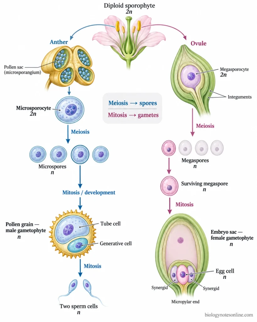 Flowering plant pathways in which meiosis produces microspores and megaspores, followed by gametophyte development and mitotic production of sperm and egg cells.