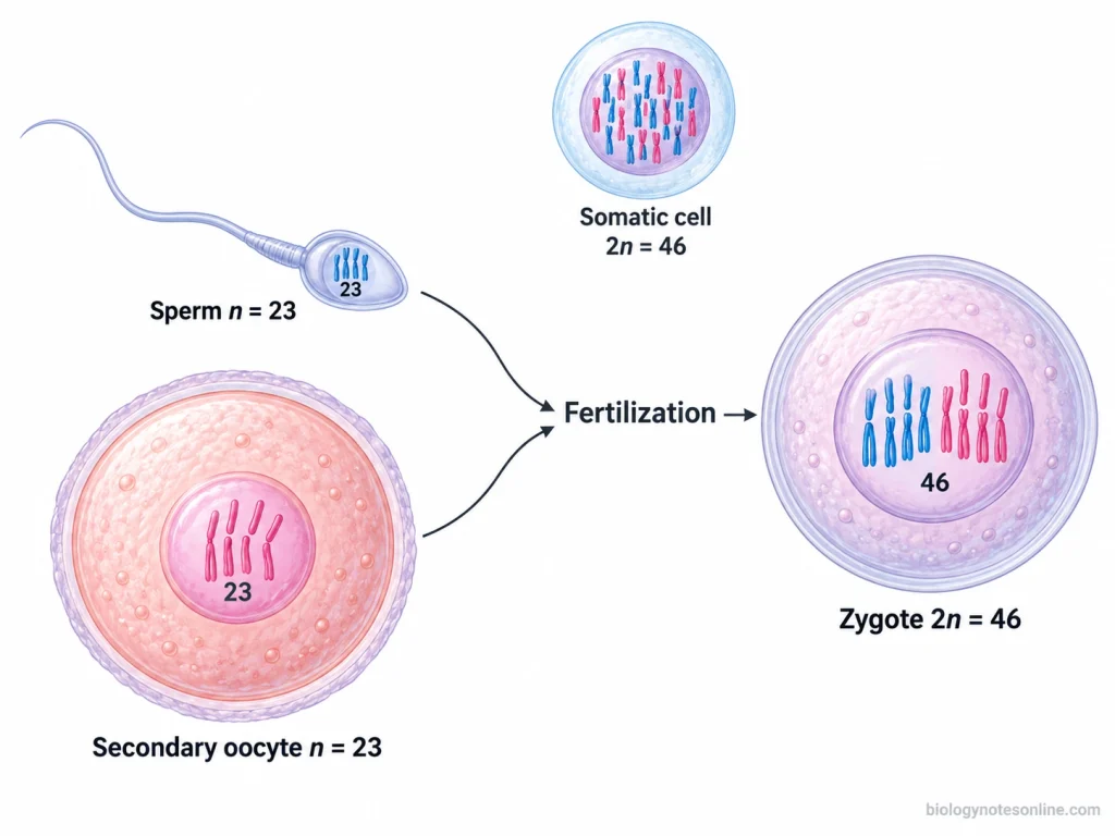 Human sperm and secondary oocyte, each with 23 chromosomes, combine during fertilization to form a diploid zygote with 46 chromosomes.