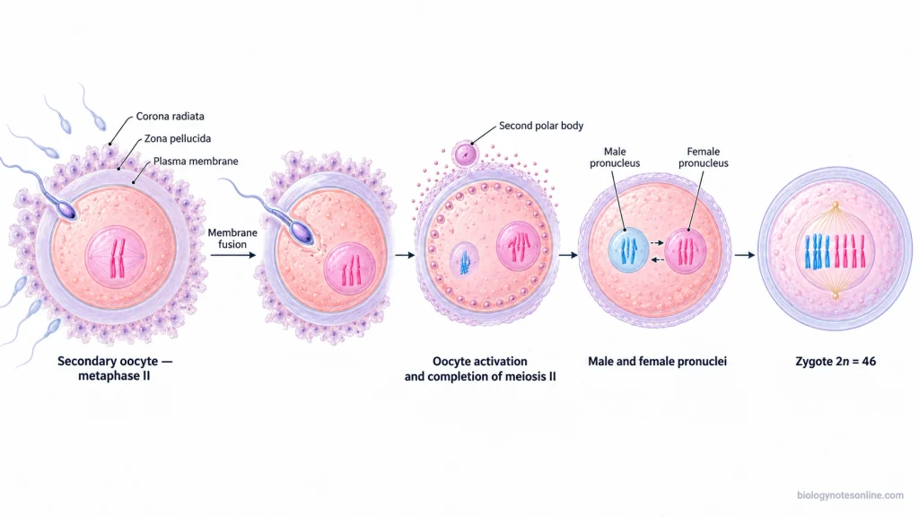 Sequence of human fertilization showing sperm interaction with a secondary oocyte, completion of meiosis II, male and female pronuclei, and formation of a diploid zygote.