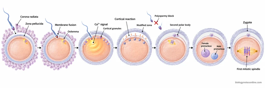 Sequential diagram of human fertilization showing sperm–oocyte membrane fusion, calcium activation, cortical reaction, polyspermy prevention, meiosis II completion, pronuclei, and zygote formation.