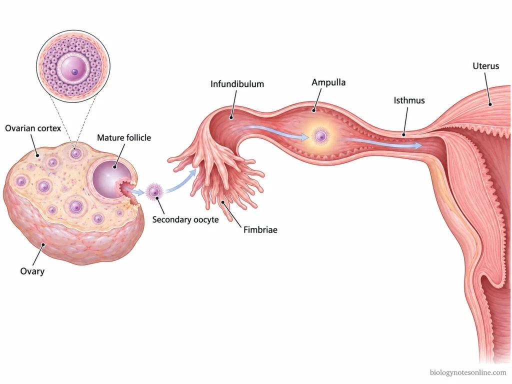 Diagram showing a human secondary oocyte released from an ovarian follicle, captured by fimbriae, and entering the uterine tube toward the ampulla.