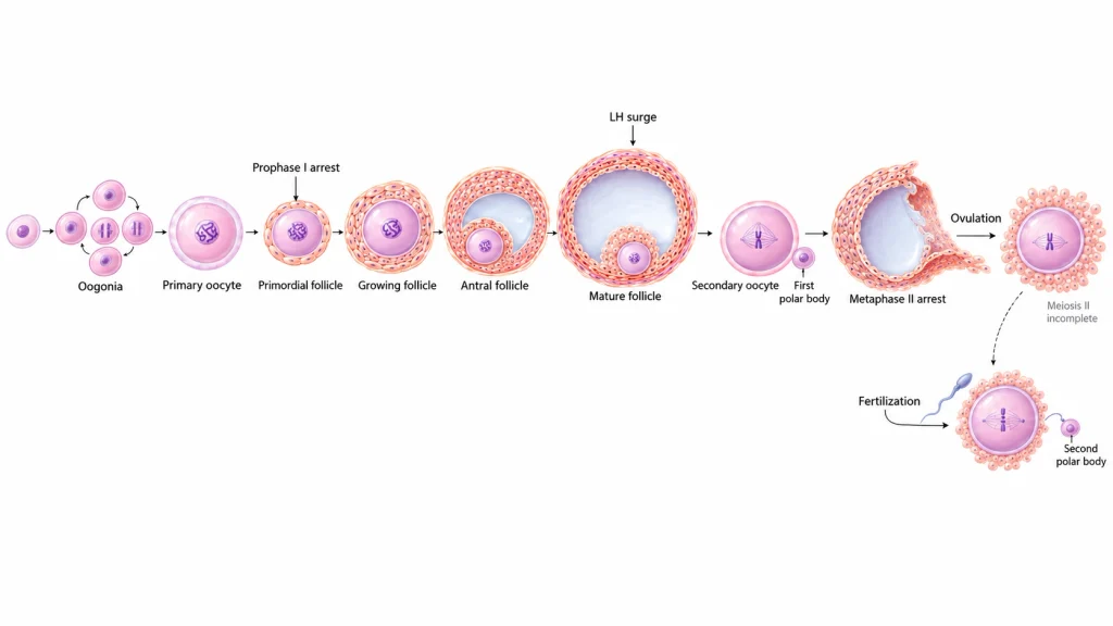 Diagram tracing human oogenesis from oogonia and primary oocytes through prophase I arrest, follicle maturation, formation of the secondary oocyte, metaphase II arrest, and ovulation.