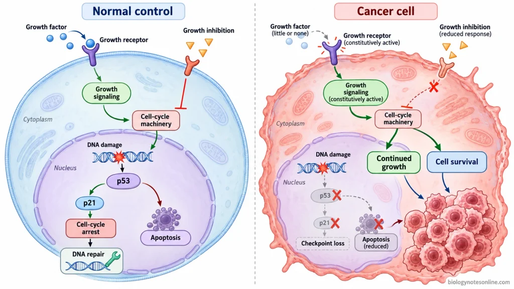 Comparison of normal growth signaling, p53-mediated checkpoint control and apoptosis with cancer-cell loss of growth inhibition, checkpoints, and programmed cell death.