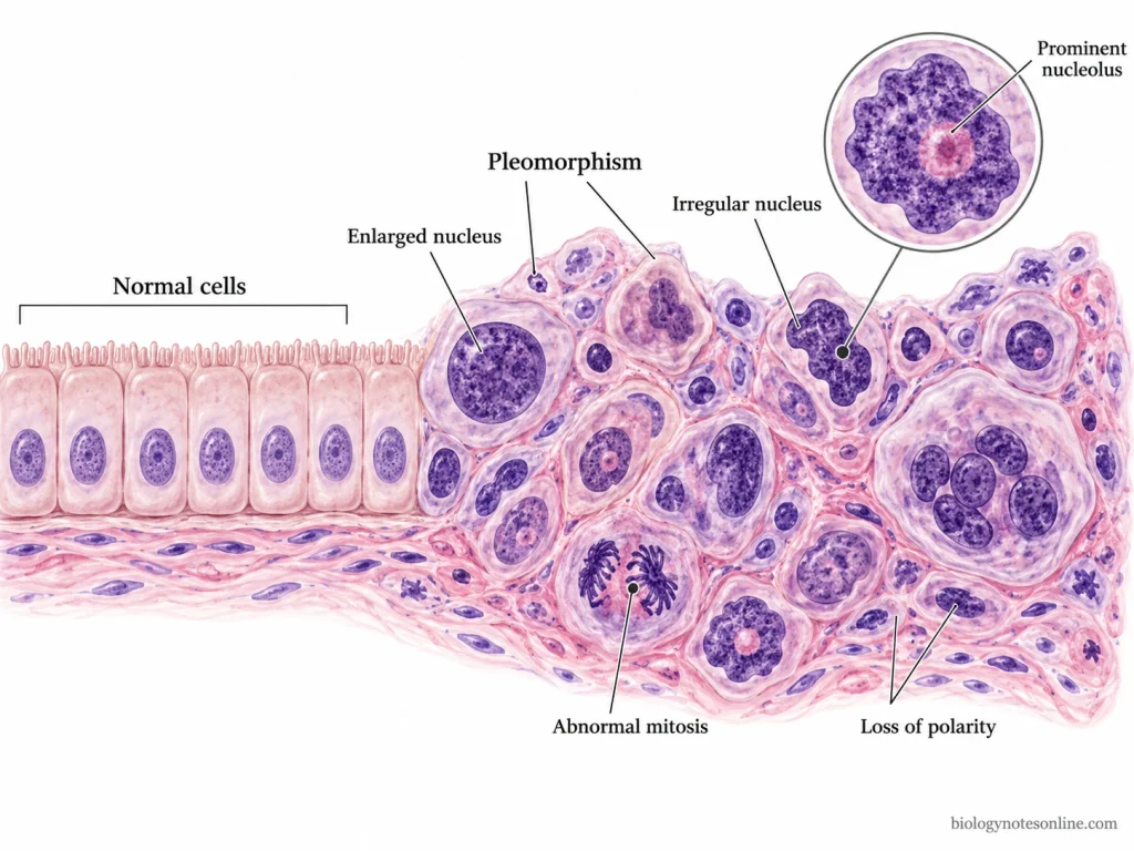 Comparison of organized normal cells with cancer cells showing pleomorphism, enlarged irregular nuclei, prominent nucleoli, abnormal mitosis, and loss of polarity.